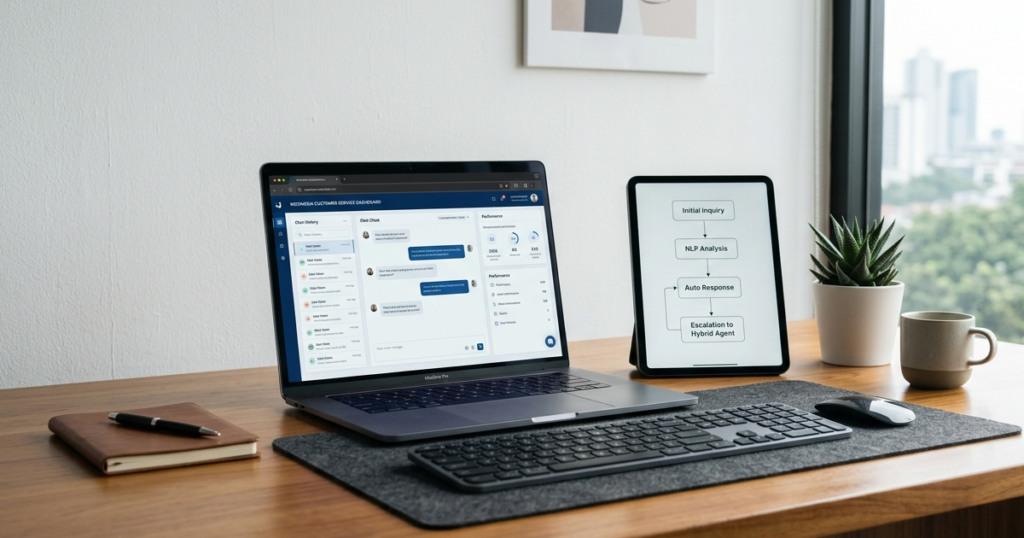 Perangkat laptop di atas meja kerja Farayya Digital menampilkan dasbor layanan konsumen berbasis kecerdasan buatan dari integrasi sistem AI chatbot Indonesia.