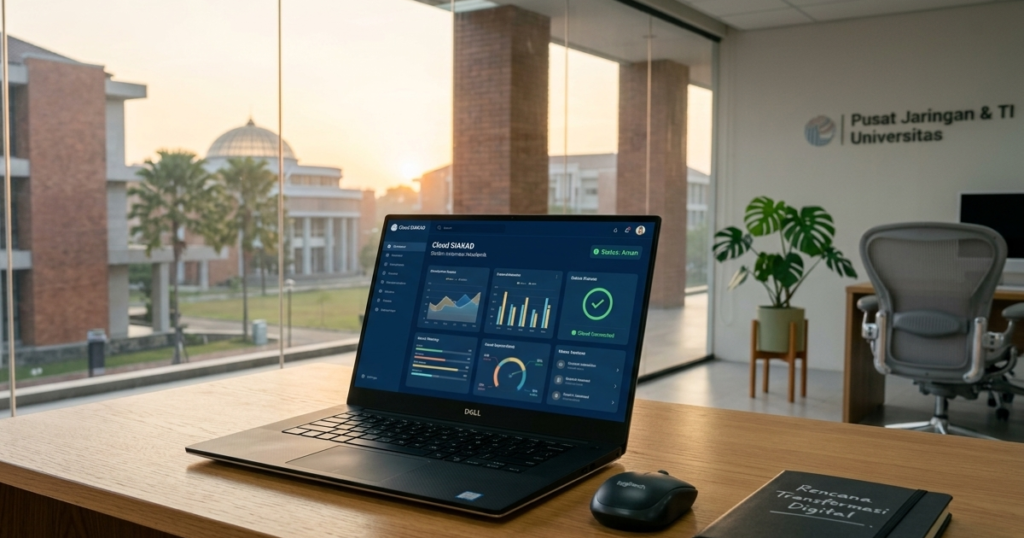 Tampilan antarmuka aplikasi SIAKAD oleh Farayya Digital berbasis cloud pada layar laptop di dalam ruangan pusat jaringan TI dengan latar belakang gedung universitas.