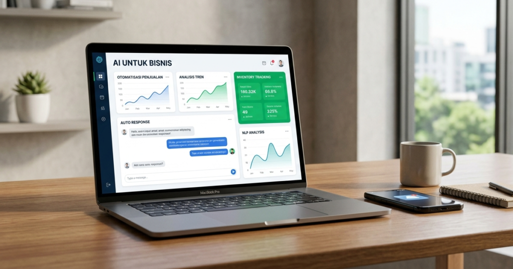 Sebuah perangkat laptop terbuka di atas meja kayu menampilkan dasbor visualisasi data penggunaan AI untuk bisnis dari Tim Farayya Digital.