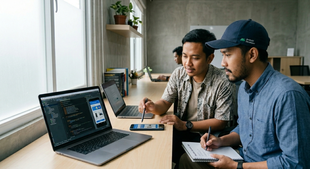 Dua pengembang perangkat lunak Tim Farayya Digital sedang menganalisis arsitektur kode dan simulasi antarmuka seluler hasil kerja tim jasa pembuatan aplikasi android di ruang kerja minimalis.