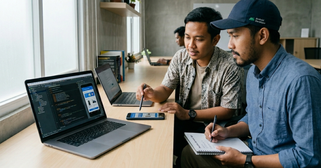 Dua pengembang perangkat lunak Tim Farayya Digital sedang menganalisis arsitektur kode dan simulasi antarmuka seluler hasil kerja tim jasa pembuatan aplikasi android di ruang kerja minimalis.