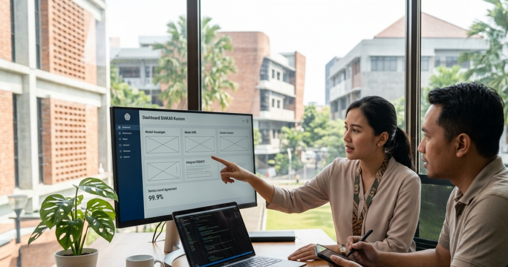 Dua konsultan Farayya Digital teknologi Indonesia sedang mendiskusikan modul kustom dan integrasi PDDIKTI pada layar monitor jasa pembuatan SIAKAD di kantor TI kampus.