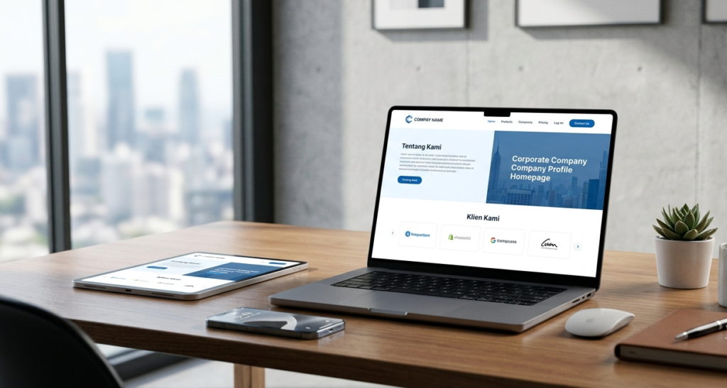 Laptop di atas meja kantor minimalis menampilkan antarmuka situs profil perusahaan modern hasil optimasi dari jasa pembuatan website company profile profesional oleh Farayya Digital Team.