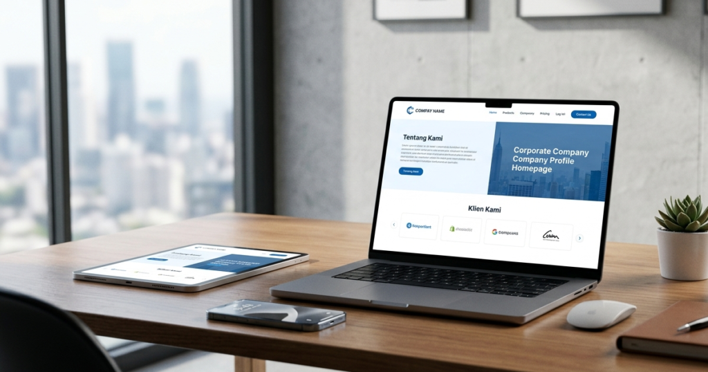 Laptop di atas meja kantor minimalis menampilkan antarmuka situs profil perusahaan modern hasil optimasi dari jasa pembuatan website company profile profesional oleh Farayya Digital.
