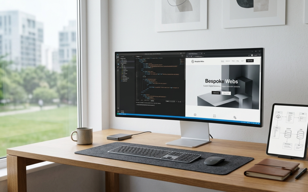 Layar monitor komputer di meja kerja minimalis menampilkan baris kode pemrograman dan antarmuka web eksklusif hasil pengembangan dari jasa pembuatan website custom Farayya Digital.