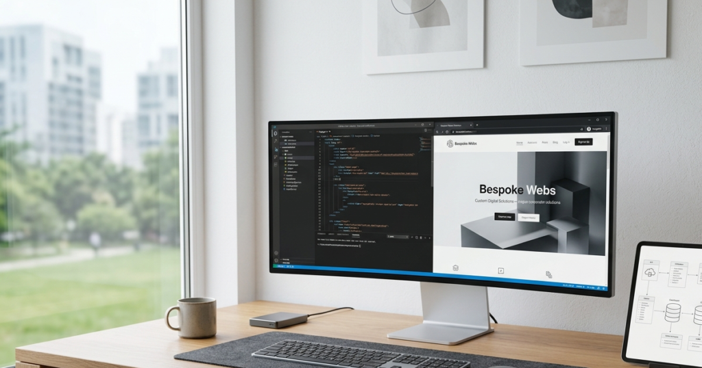 Layar monitor komputer di meja kerja minimalis menampilkan baris kode pemrograman dan antarmuka web eksklusif hasil pengembangan dari jasa pembuatan website custom Farayya Digital.
