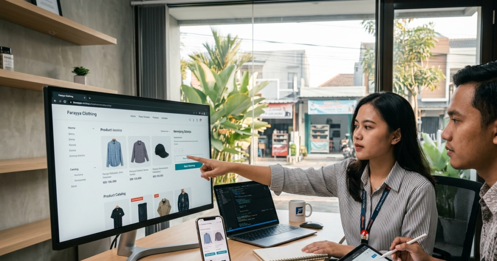 Tim profesional Farayya Digital Indonesia sedang meninjau katalog produk dan antarmuka responsif seluler pada layar monitor hasil jasa pembuatan website toko online.