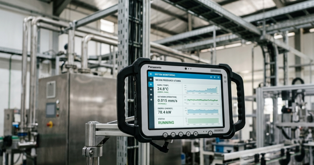 Komputer tablet industri menampilkan dasbor sistem monitoring real-time berisi data suhu dan getaran mesin di dalam pabrik manufaktur berbasis IoT dari Farayya Digital.