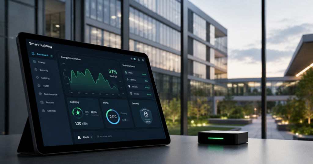 Dashboard smart building system untuk monitoring energi, HVAC, pencahayaan, dan keamanan gedung modern berbasis IoT dari Farayya Digital.